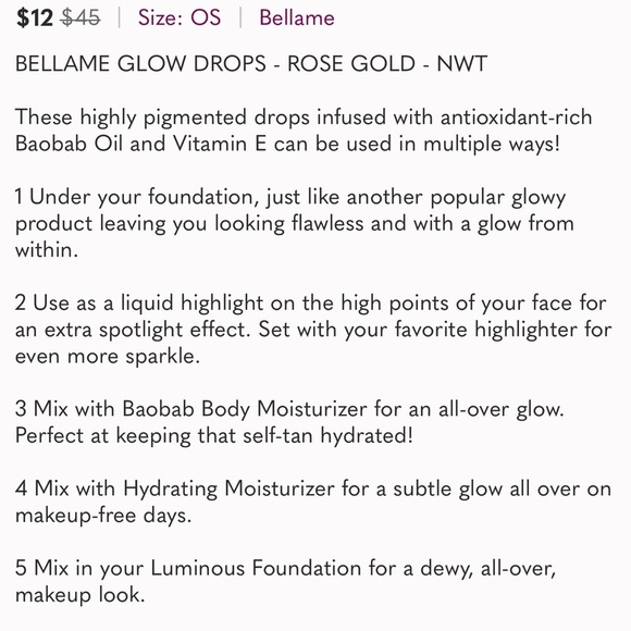 BELLAME GLOW DROPS - ROSE GOLD- NEW - Picture 7 of 10